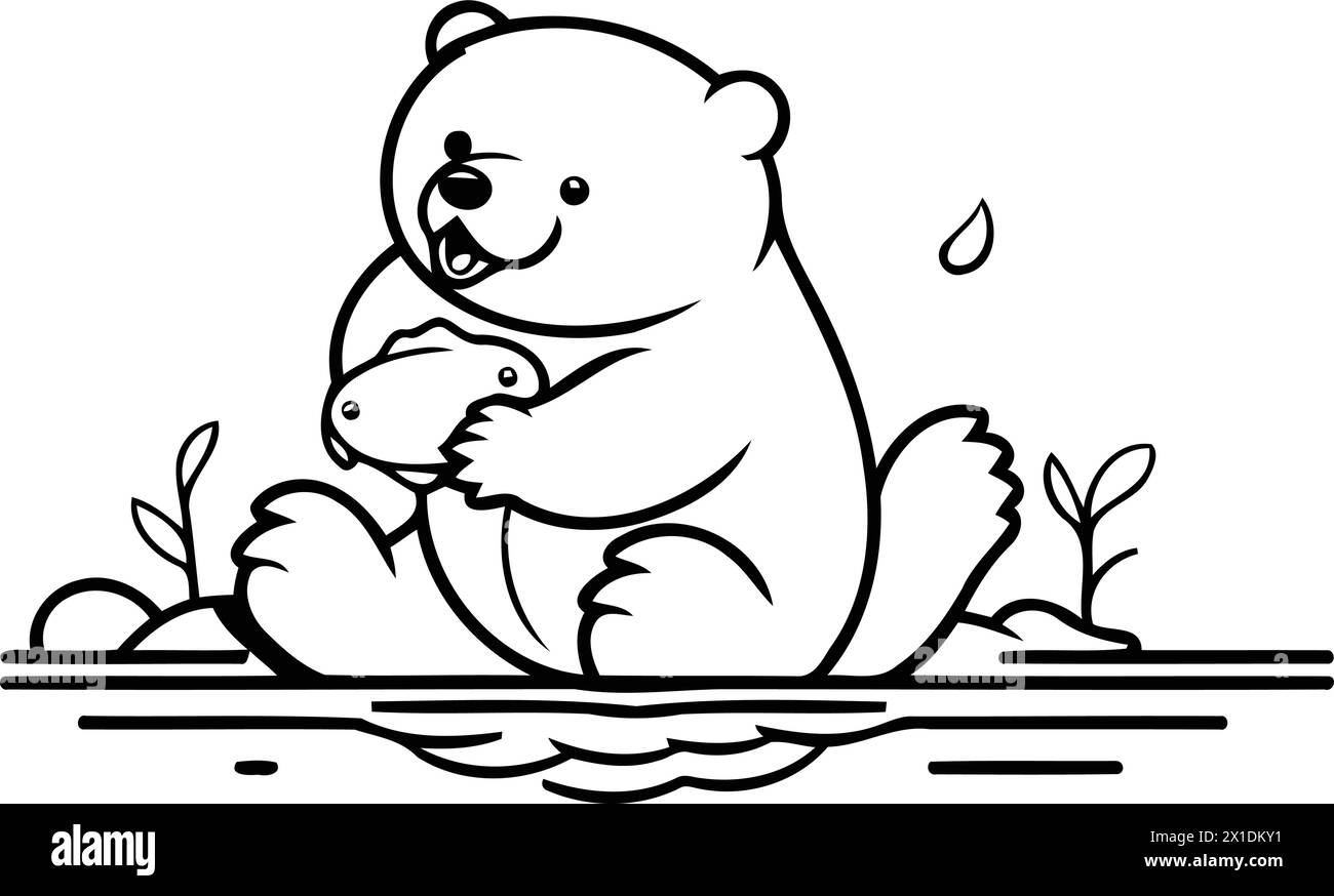 Un simpatico orsacchiotto seduto sulla riva del fiume. Illustrazione vettoriale. Illustrazione Vettoriale