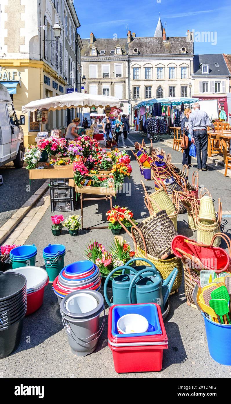Giorno di mercato / esposizione di utensili per la pulizia della casa e fiori artificiali - le Blanc, Indre (36), Francia. Foto Stock