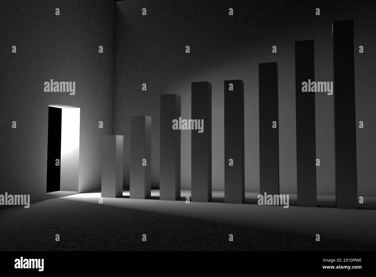 Grafico a barre latente. Statistiche nascoste. Mancato pagamento delle imposte sul reddito. Rendering 3d su sfondo bianco e nero Foto Stock