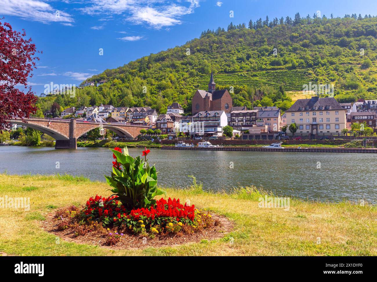 Vista sulla soleggiata Cochem, splendida città sul romantico fiume Mosella, Germania Foto Stock