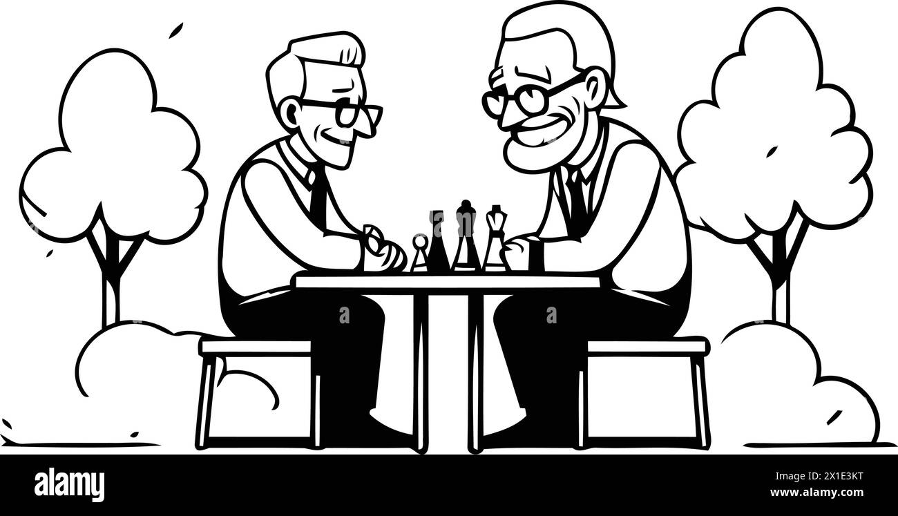 I vecchi che giocano a scacchi nel parco. Nonno e nonno. Illustrazione vettoriale in stile cartone animato Illustrazione Vettoriale