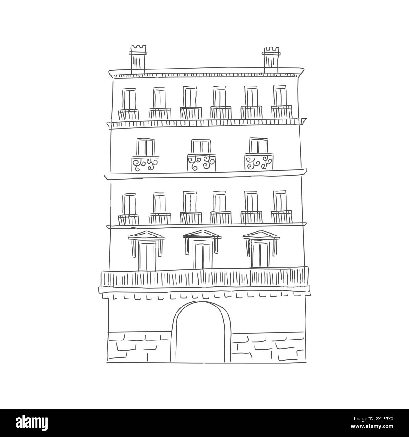 Vecchia casa con porte ad arco e balconi decorati, illustrazione di disegni vettoriali monocromatici Illustrazione Vettoriale