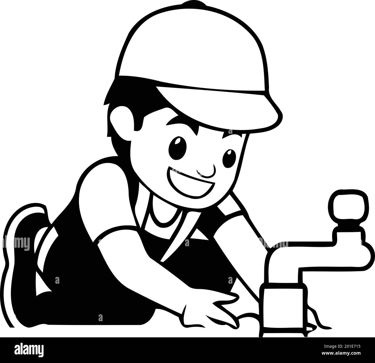Rubinetto dell'acqua di riparazione idraulico. Illustrazione vettoriale in stile cartone animato piatto. Illustrazione Vettoriale