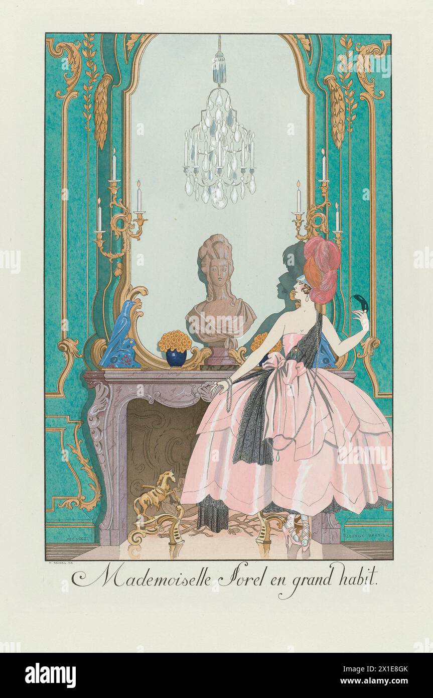 Madamoiselle Sorel en Grand Habit - le Bonheur du Jour ou Les Graces à la Mode di George Barbier nel 1921 Foto Stock