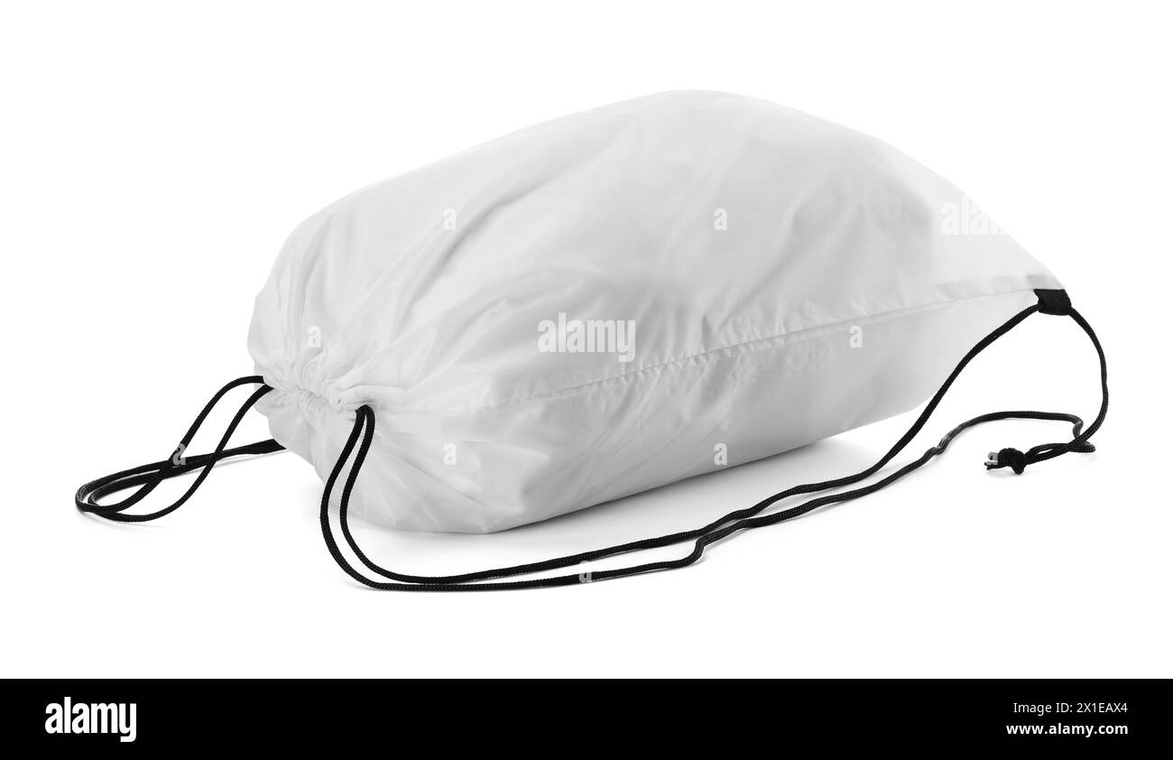 Una bellissima borsa con coulisse isolata sul bianco Foto Stock