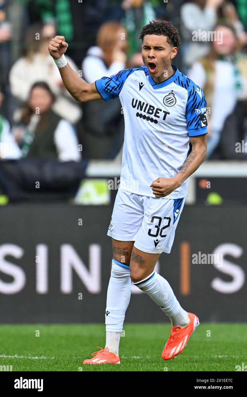 Brugge, Belgio. 1 aprile 2024. Antonio Nusa (32) del Club Brugge celebra durante la stagione 2023 - 2024 della Jupiler Pro League la partita del secondo giorno nei play-off dei campioni tra Cercle Brugge e Club Brugge il 1 aprile 2024 a Brugge, Belgio. (Foto di David Catry/Isosport) credito: Sportpix/Alamy Live News Foto Stock