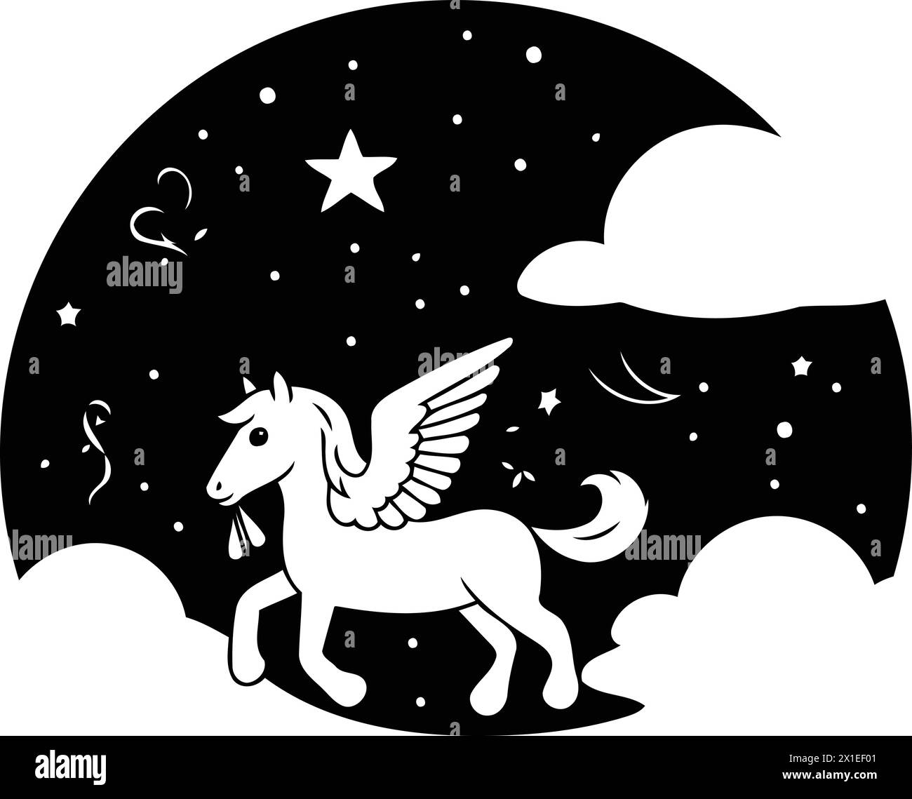 Unicorno nel cielo stellato. Illustrazione vettoriale in stile cartone animato. Illustrazione Vettoriale