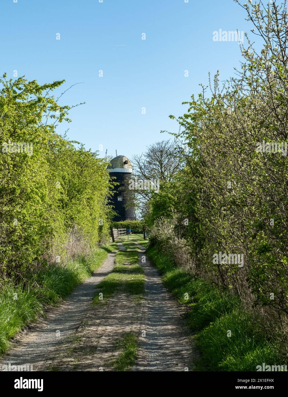 Upton, Norfolk, Regno Unito – 14 aprile 2024. Mulino storico e abbandonato alla fine di un sentiero pedonale Foto Stock