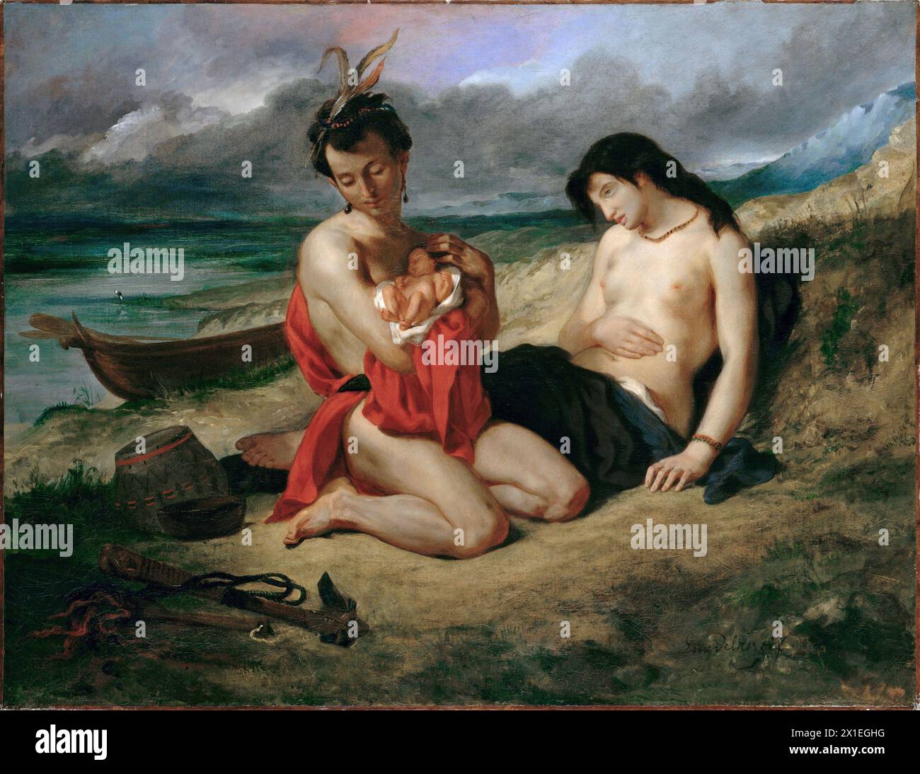 Il Natchez è un dipinto olio su tela eseguito circa. 1834–35 dell'artista romantico francese Eugène Delacroix. Raffigura una coppia di nativi americani con il loro bambino appena nato. Il dipinto è stato ispirato da un passaggio dell'Atala di Chateaubriand, Foto Stock
