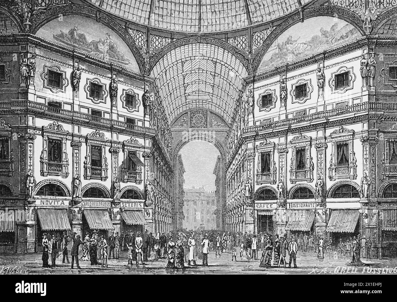 Centro commerciale Galleria Vittorio Emanuele, città di Milano, Lombardia, Nord Italia, illustrazione storica 1885 Foto Stock