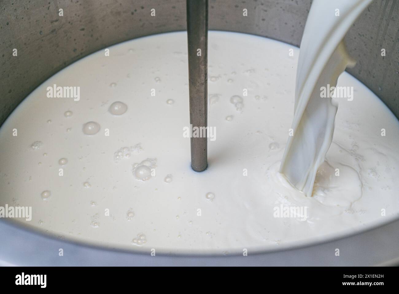 Processo di produzione del formaggio in Italia. Trasformazione del latte fermentato. Vista ravvicinata. Punto focale selezionato. Foto di alta qualità Foto Stock