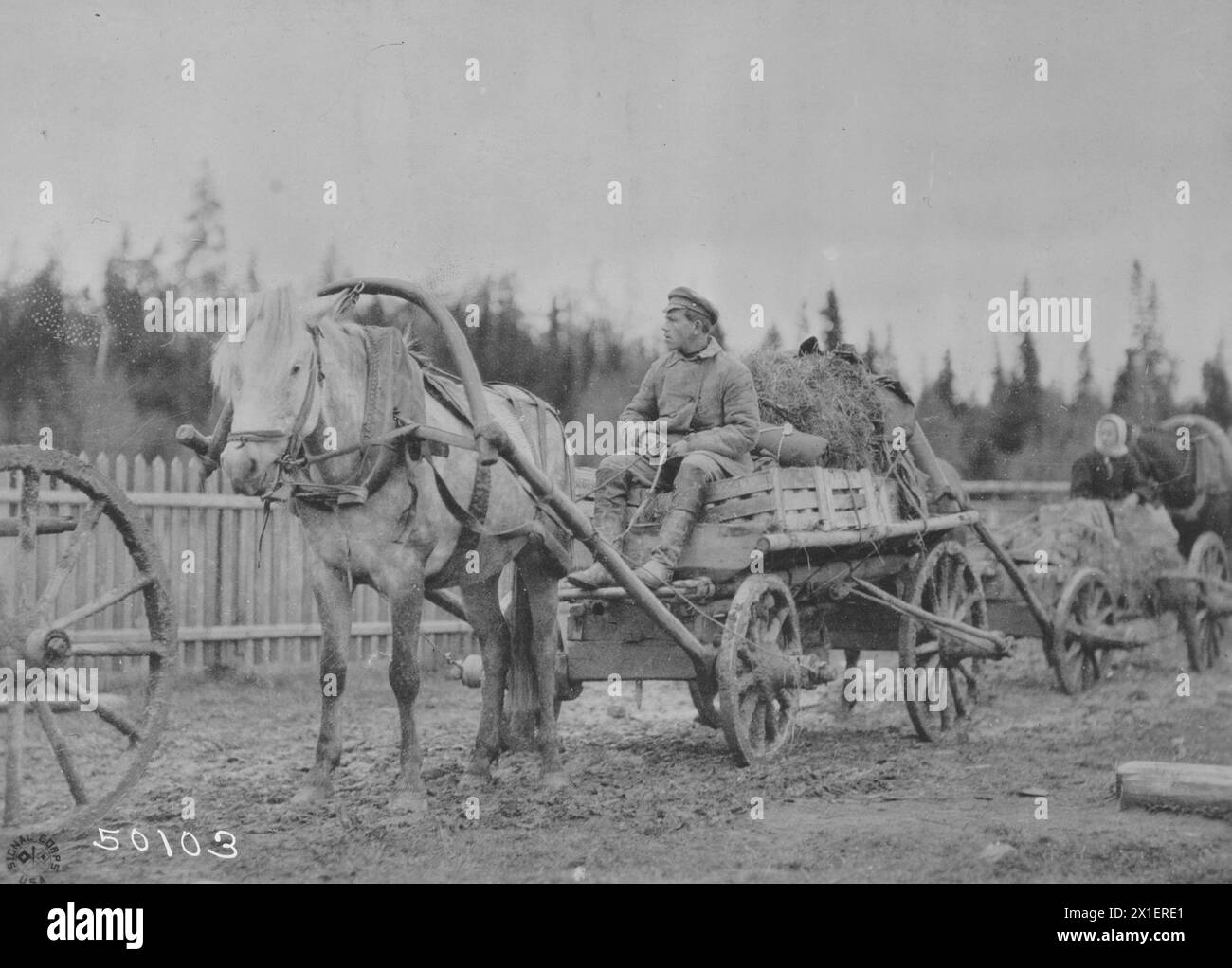 Contadini russi in inverno a cavallo su carri trainati da cavalli ca. 1916-1919 Foto Stock