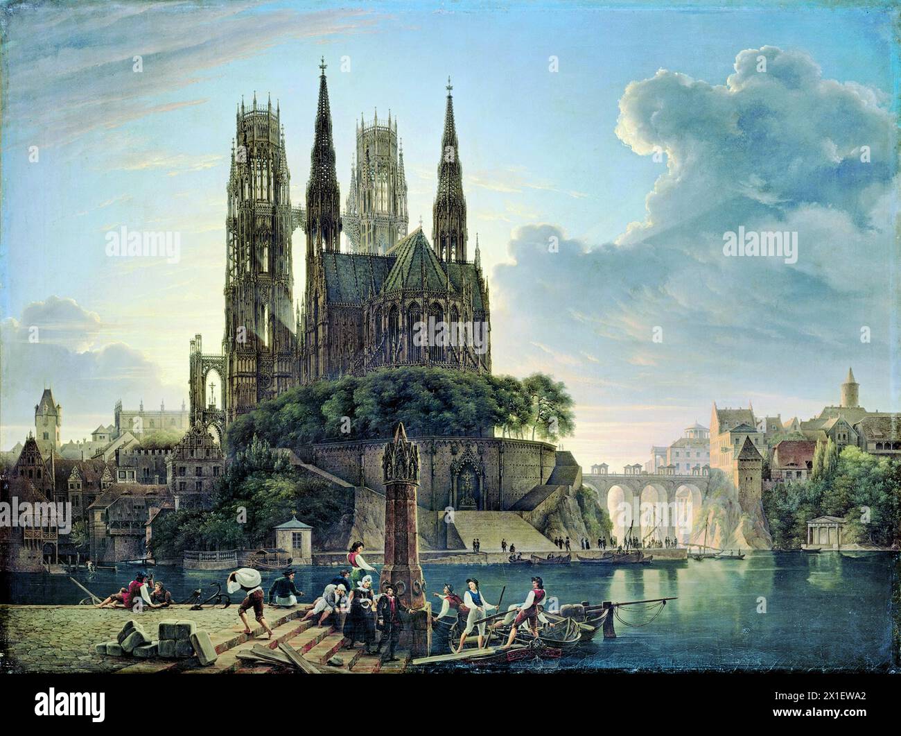 Cattedrale gotica sul fiume (tedesco - Gotischer Dom am Wasser) è un dipinto del 1813 dell'artista e architetto tedesco Karl Friedrich Schinkel. Mostra un'immaginaria cattedrale gotica su un'isola in un fiume - Schinkel in seguito divenne un noto sostenitore dell'architettura neogotica. Foto Stock