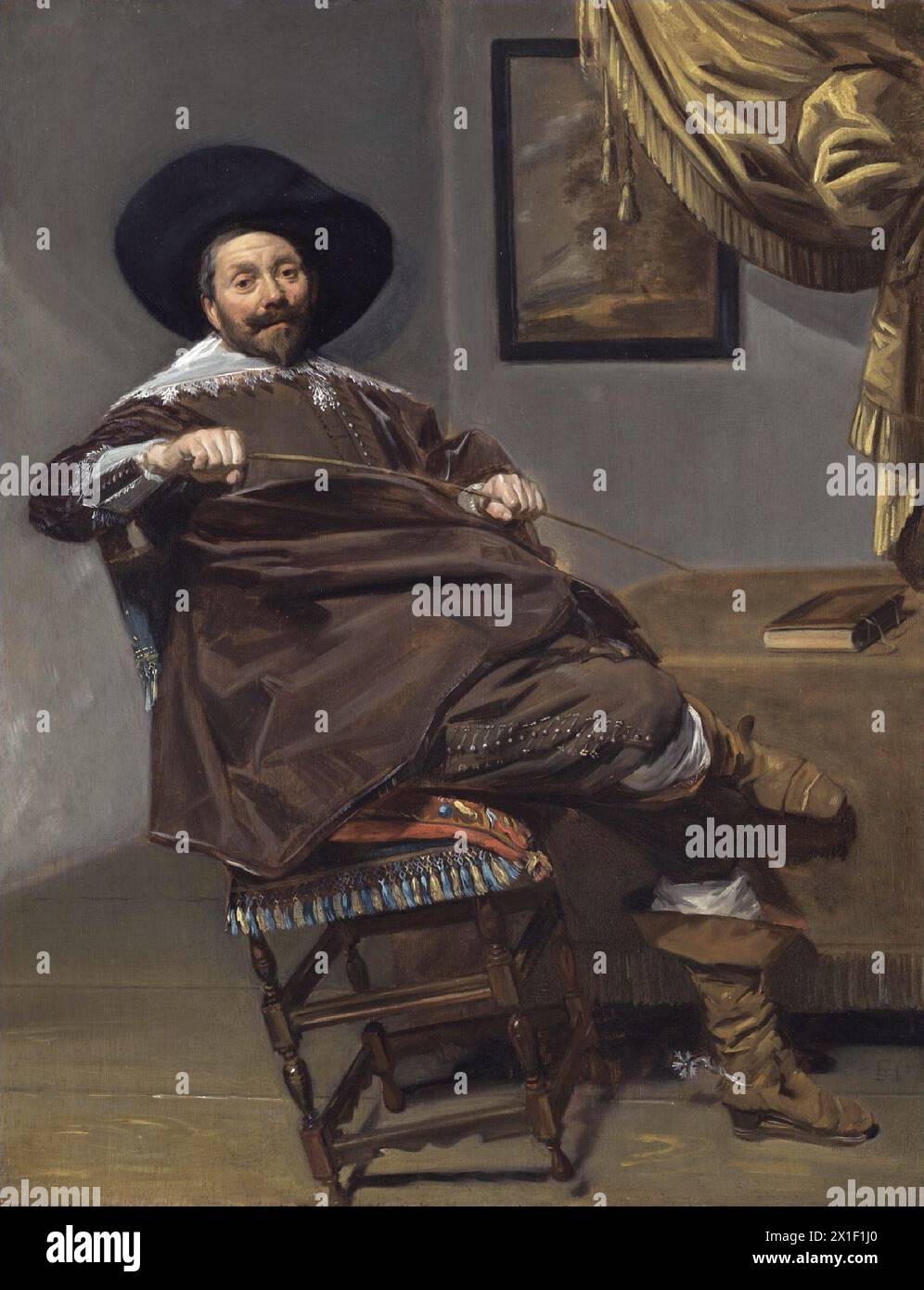 Willem van Heythuysen, seduto su una sedia e tenendo in mano un raccolto di caccia Willem van Heythuysen di Frans Hals (1634, uno dei due ritratti di Van Heythuysen attribuiti a Hals). Attribuito a Frans Hals - Frans Hals il Vecchio era un pittore olandese del secolo d'oro, principalmente di ritratti individuali e di gruppo e di tronies, che viveva e lavorava ad Haarlem. Foto Stock