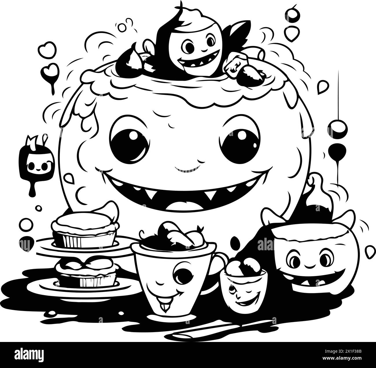 Carino illustrazione vettoriale di una festa di Halloween con una tazza di caffè. torta e dolci Illustrazione Vettoriale