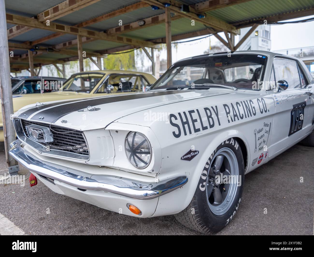 Aprile 2024 - raccolta di auto da corsa Ford Mustang nel paddock al 81° incontro dei membri a Goodwood, per celebrare i 60 anni dal suo lancio Foto Stock