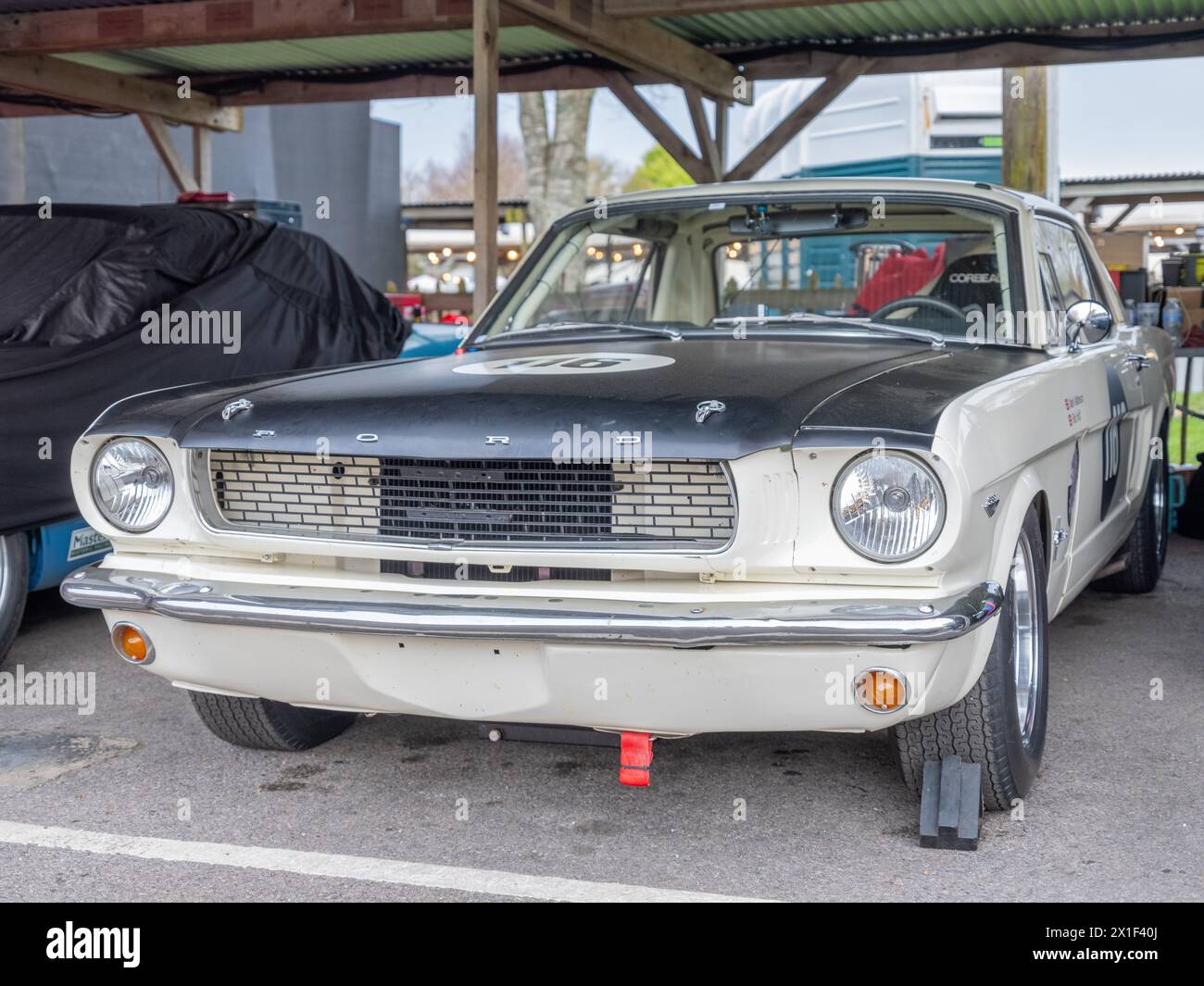 Aprile 2024 - raccolta di auto da corsa Ford Mustang nel paddock al 81° incontro dei membri a Goodwood, per celebrare i 60 anni dal suo lancio Foto Stock