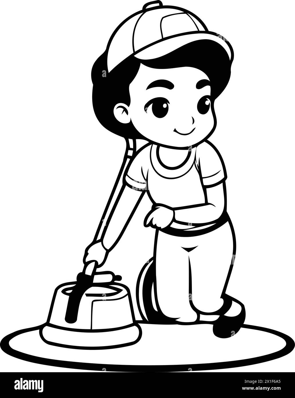 Bambino carino che pulisce la casa con un aspirapolvere. Illustrazione vettoriale. Illustrazione Vettoriale