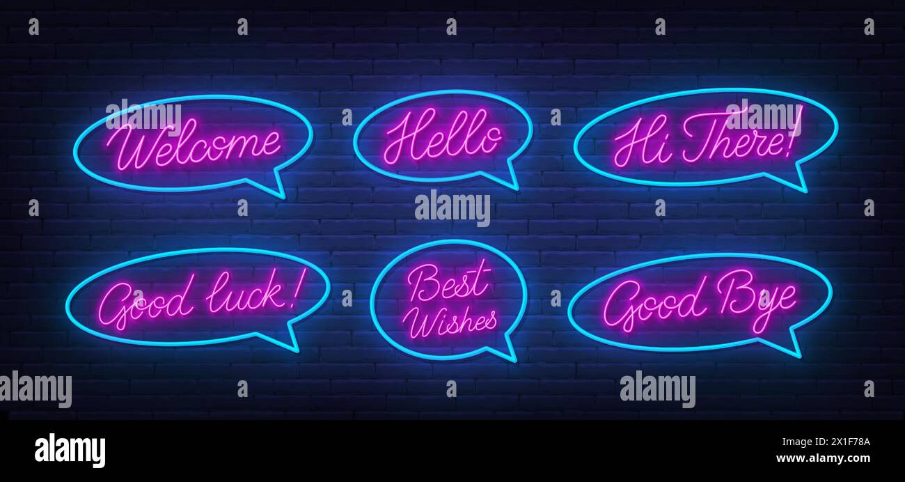 Benvenuto, salve, salve, buona fortuna, auguri, Good Bye Neon script Quotes on Brick Wall background. Illustrazione Vettoriale