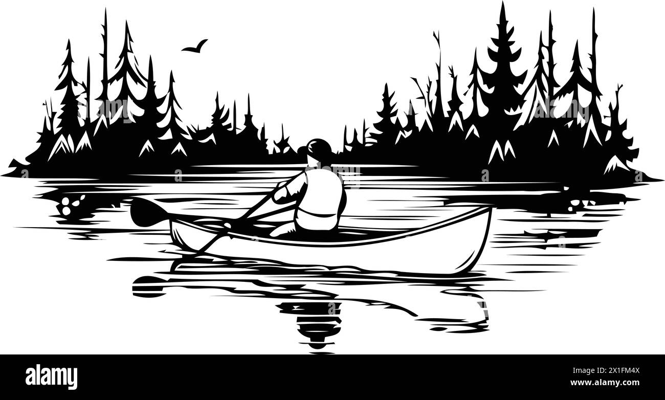 Kayak sul lago al tramonto. Illustrazione vettoriale in stile retrò. Illustrazione Vettoriale