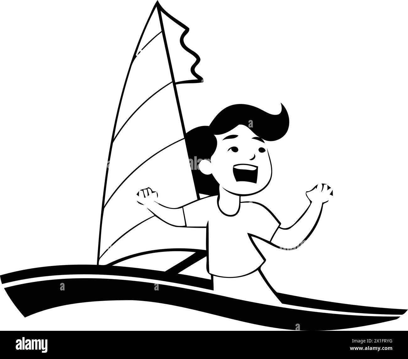 Ragazzo che fa windsurf. Illustrazione vettoriale in stile cartone animato piatto su sfondo bianco. Illustrazione Vettoriale