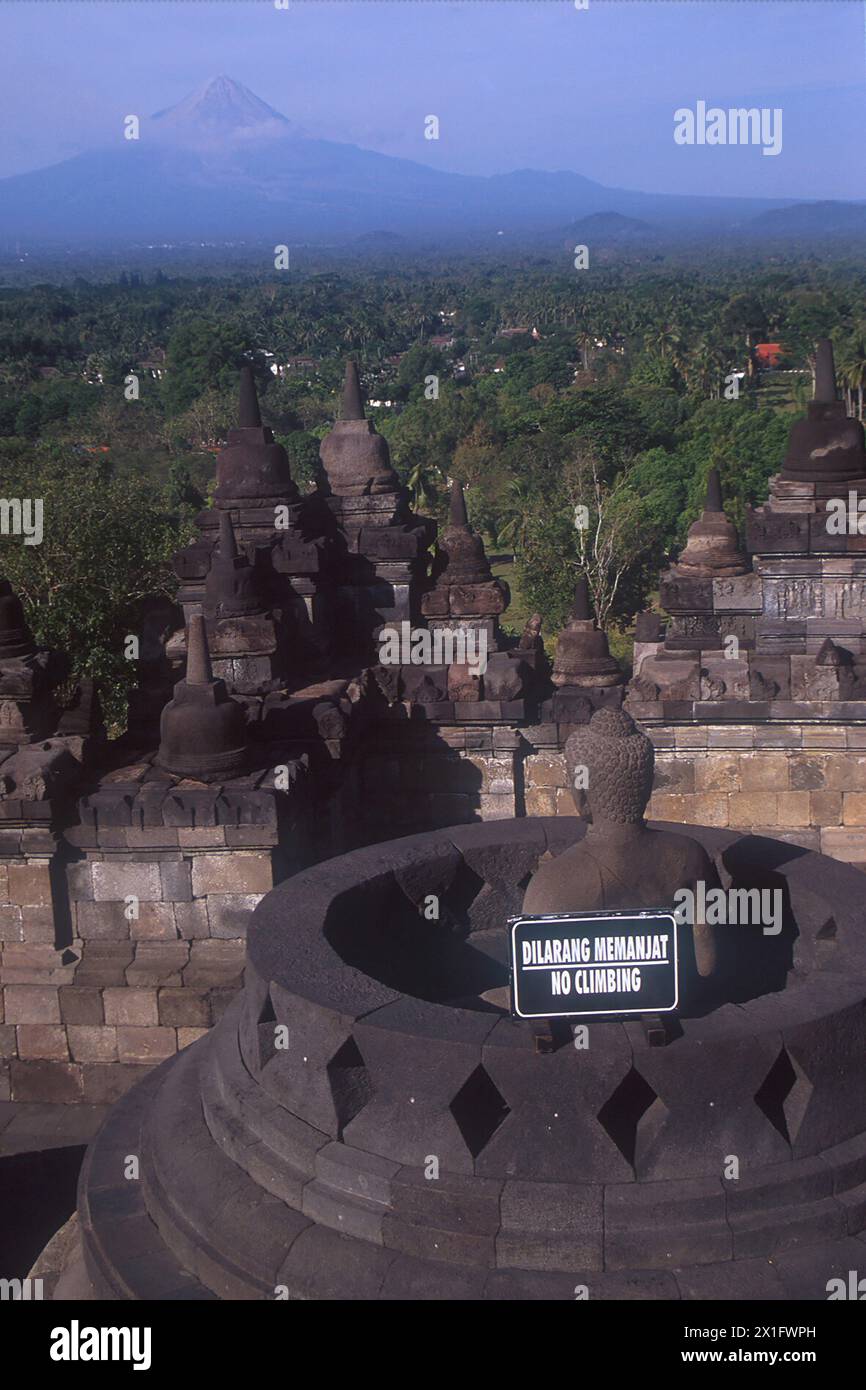 Statua del Buddha all'interno dello stupa della terrazza superiore, tempio di Borobudur, Giava centrale, Indonesia Foto Stock