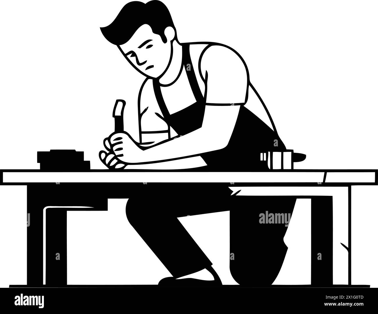 Falegname che lavora su un tavolo di legno. Illustrazione vettoriale in stile cartone animato Illustrazione Vettoriale