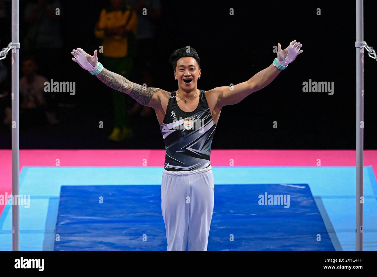Marios Georgiou (Cipro, medaglia d'oro). Campionati europei di Monaco 2022: Ginnastica artistica, finali bar orizzontali uomo Foto Stock