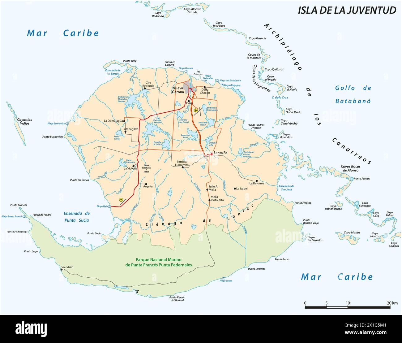 Mappa vettoriale dell'Isola della Gioventù cubana, Isla de la Juventud Foto Stock