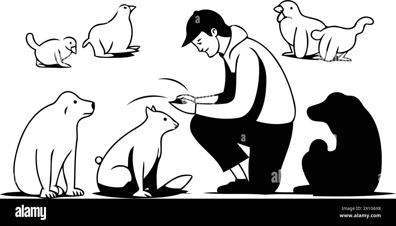 Illustrazione di un uomo che gioca con cani e gatti. Illustrazione vettoriale. Illustrazione Vettoriale