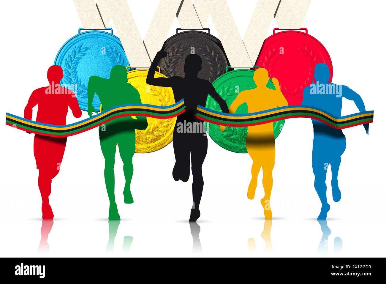 Illustrazione 3D. Gli atleti attraversano il traguardo con lo sfondo delle tre medaglie olimpiche per il podio: oro, argento, bronzo Foto Stock