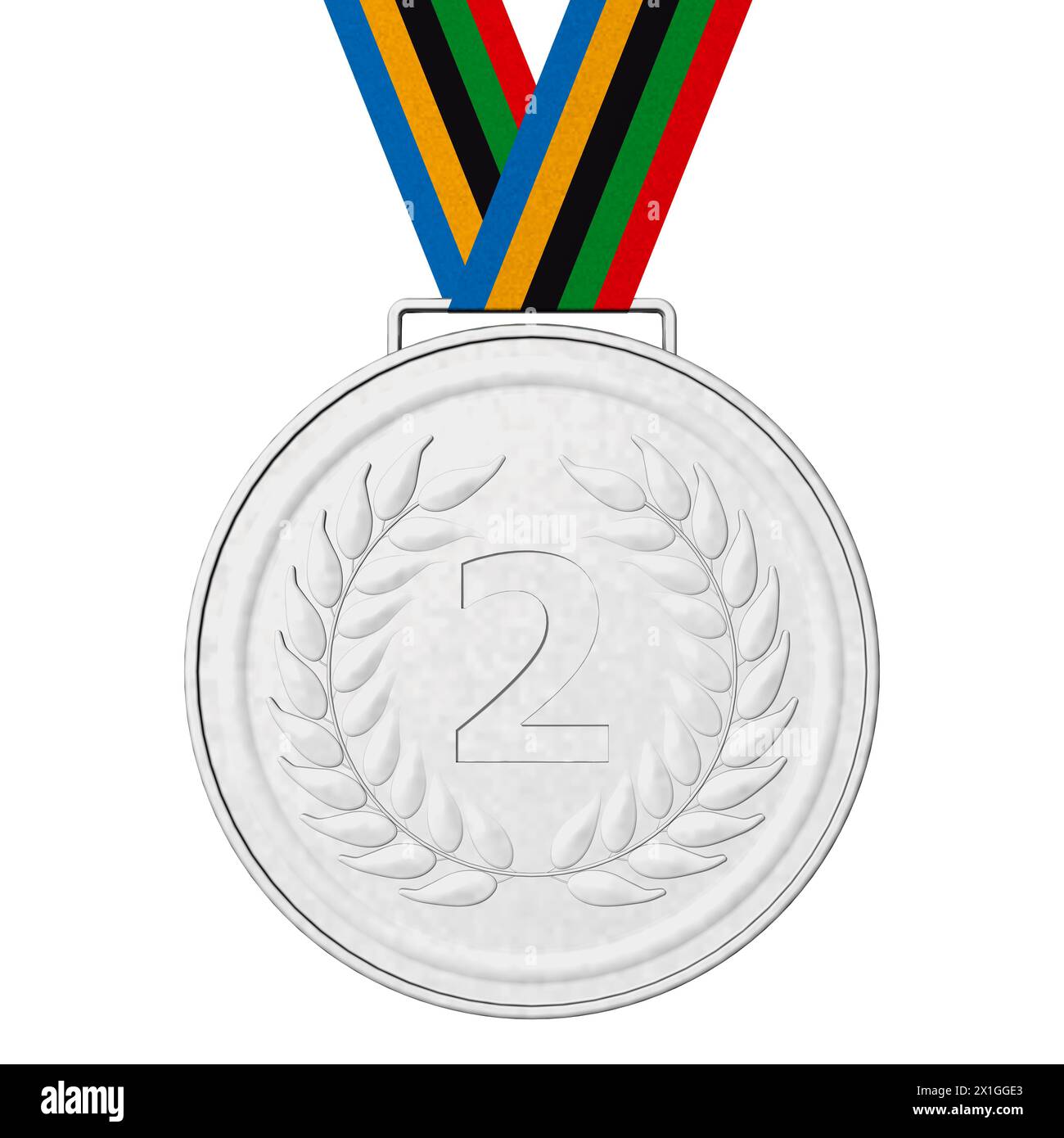 Illustrazione 3D. Medaglie olimpiche: Argento con nastro con i colori olimpici. Foto Stock