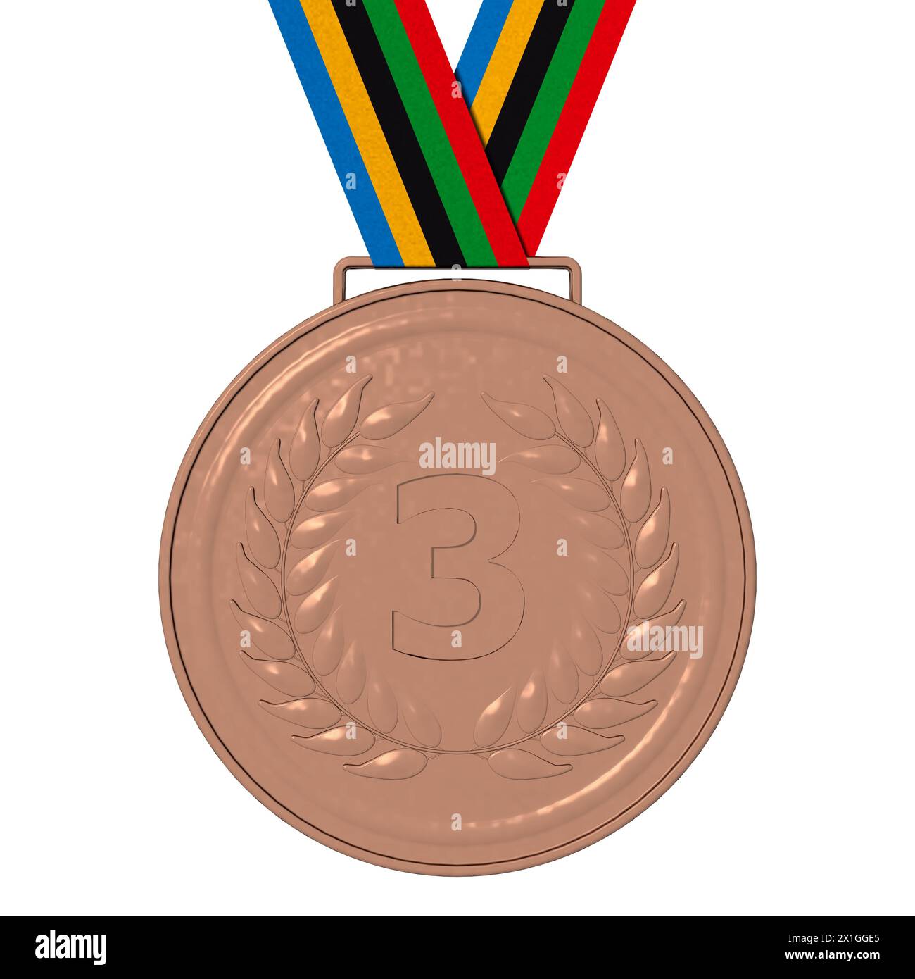 Illustrazione 3D. Medaglie olimpiche: Bronzo con un nastro con i colori olimpici. Foto Stock