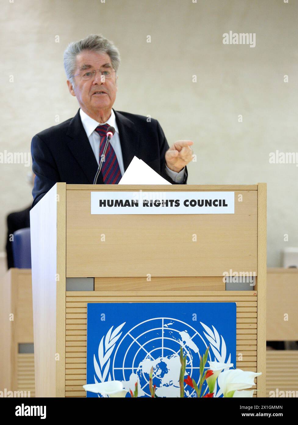 Il Presidente federale austriaco Heinz Fischer durante il suo discorso davanti al Consiglio dei diritti umani a Ginevra il 2013/06/10. Fischer rimane tre giorni in Svizzera. - 20130610 PD0922 - Rechteinfo: Diritti gestiti (RM) Foto Stock
