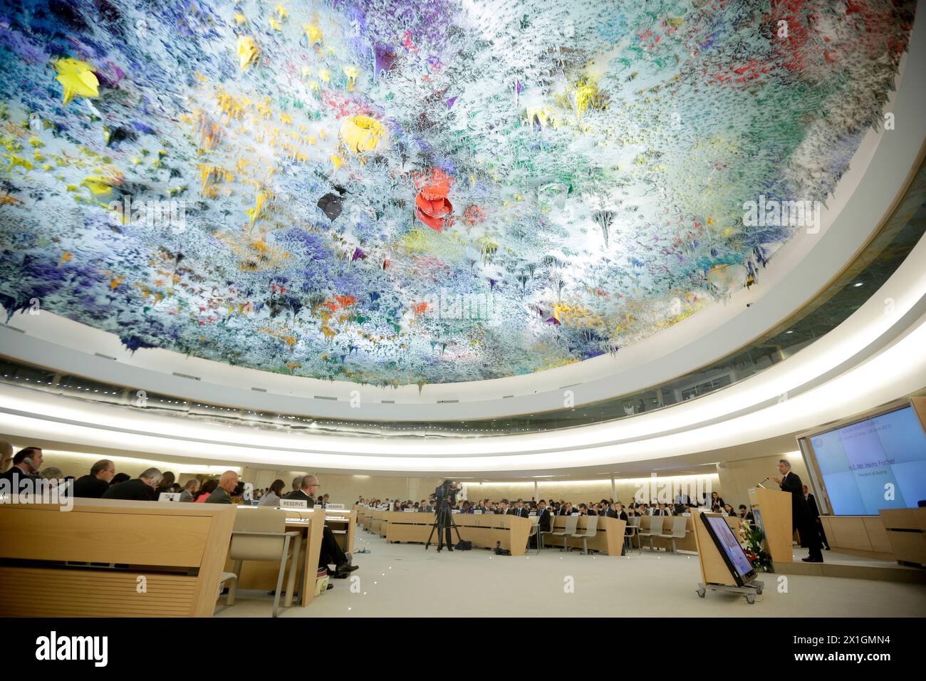 Il Presidente federale austriaco Heinz Fischer durante il suo discorso davanti al Consiglio dei diritti umani a Ginevra il 2013/06/10. Fischer rimane tre giorni in Svizzera. - 20130610 PD0916 - Rechteinfo: Diritti gestiti (RM) Foto Stock