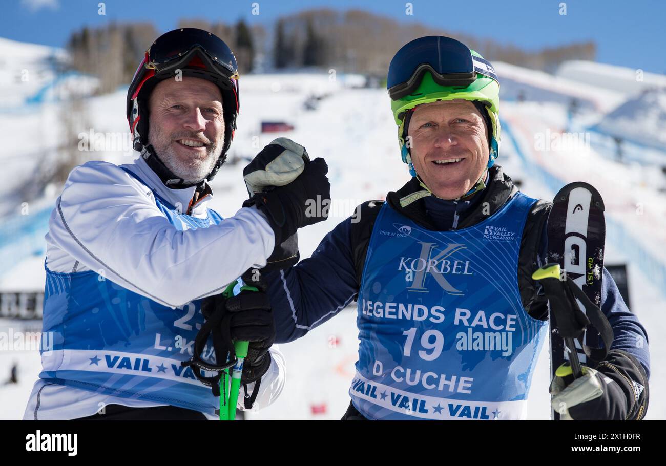 La Legends of Skiing Race si è svolta l'11 febbraio 2015 a Vail, negli Stati Uniti. Nella foto: Lasse Kjus, Didier Cuche. - 20150211 PD9721 - Rechteinfo: Diritti gestiti (RM) Foto Stock