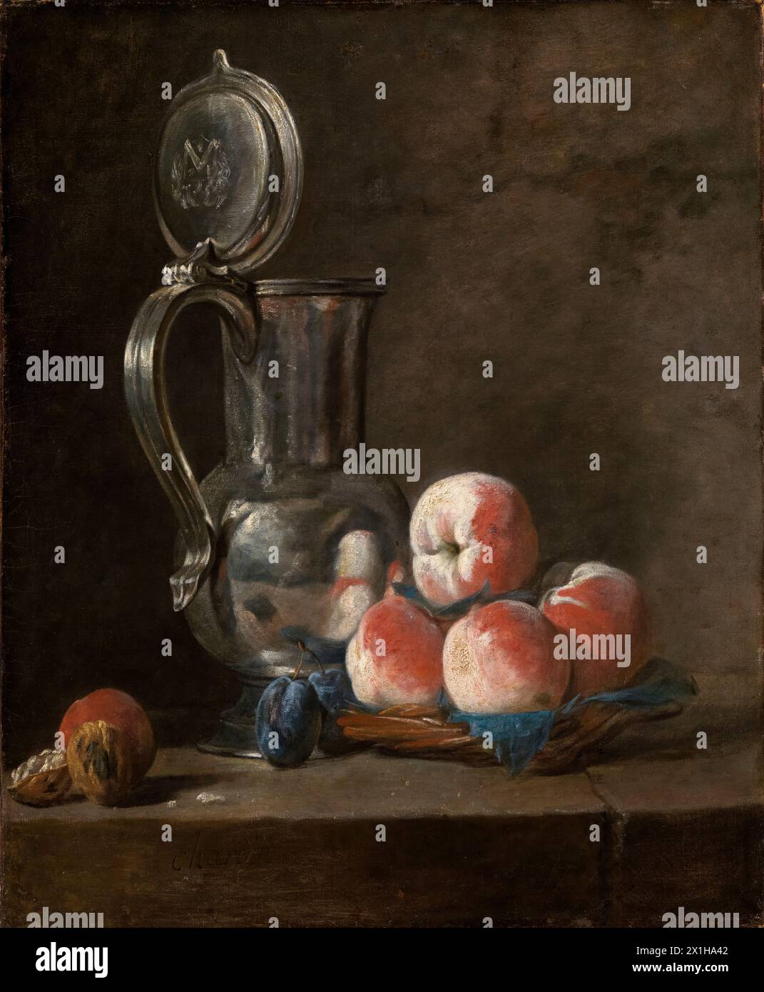 Jean Baptiste Siméon Chardin, natura morta con brocca di latta e pesche, pittura ad olio su tela, 1728 circa Foto Stock