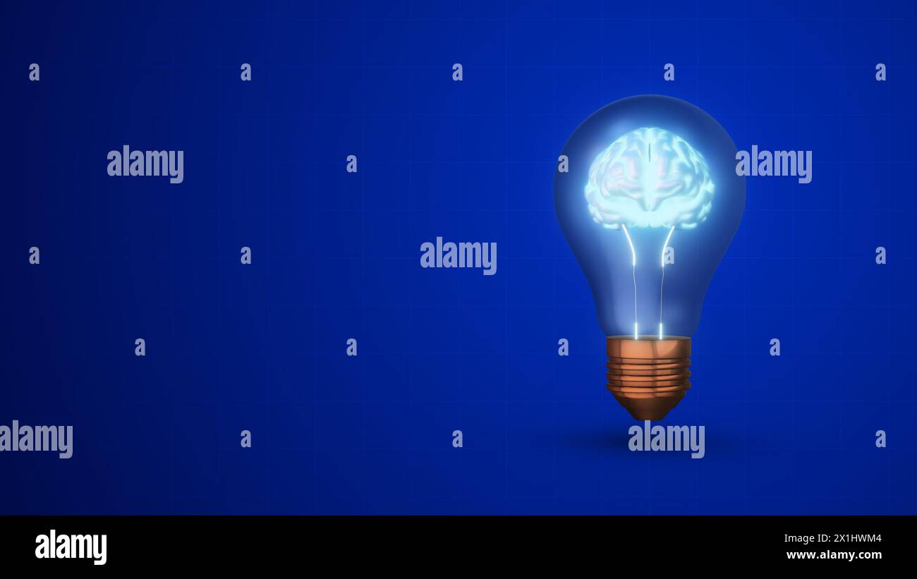 Il cervello umano si illumina in una lampadina su sfondo blu Foto Stock