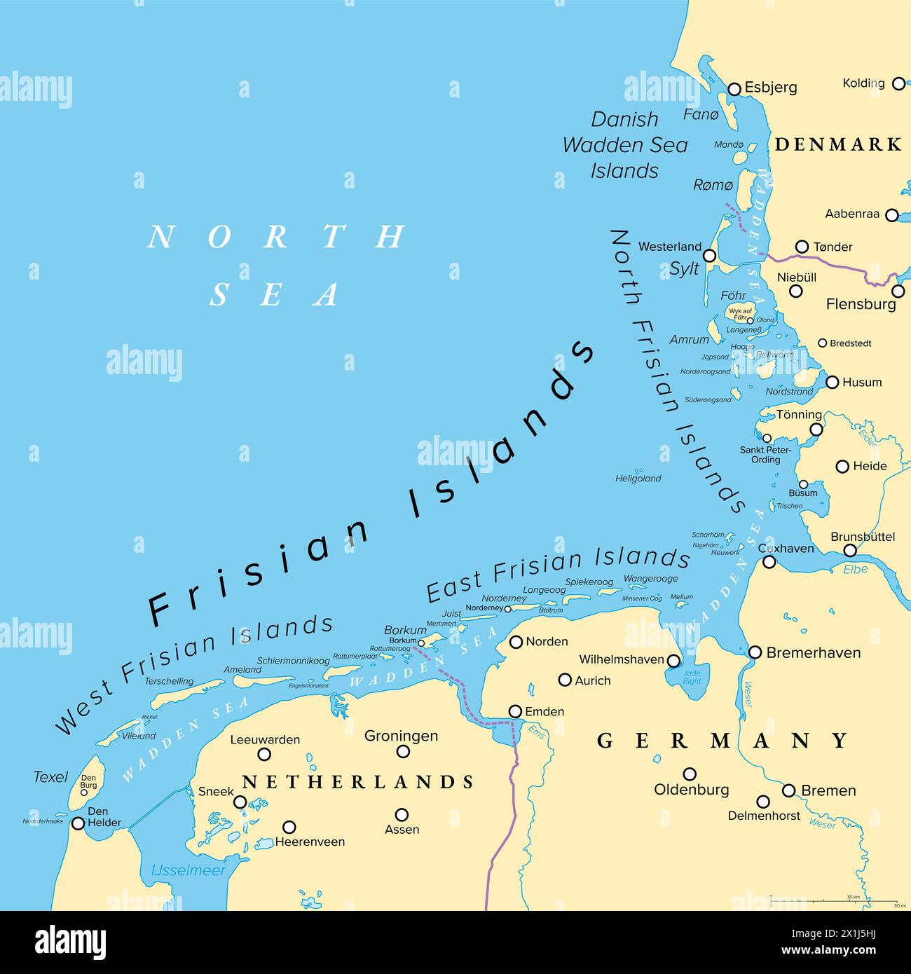 Isole Frisone, mappa politica. Isole del Mare di Wadden, arcipelago nel Mare del Nord in Europa, che si estende per vom Paesi Bassi attraverso la Germania fino alla Danimarca. Foto Stock