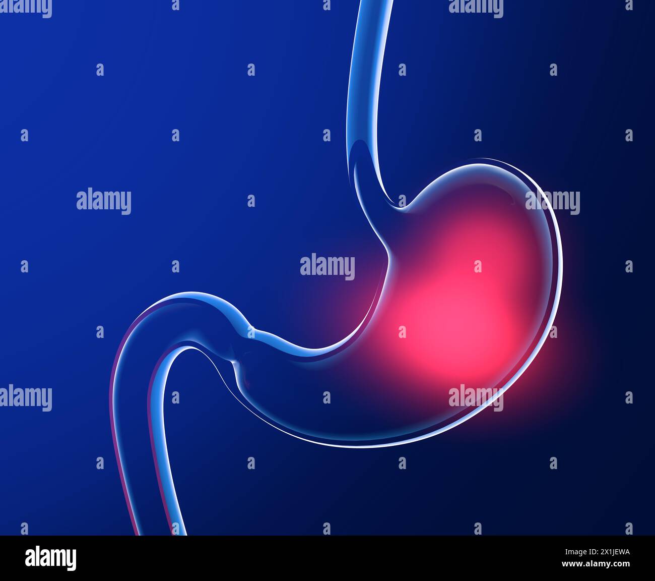 Illustrazione 3D dello stomaco con bruciore. Taglio anatomico di vetro trasparente con luci e riflessi su sfondo blu scuro. Foto Stock