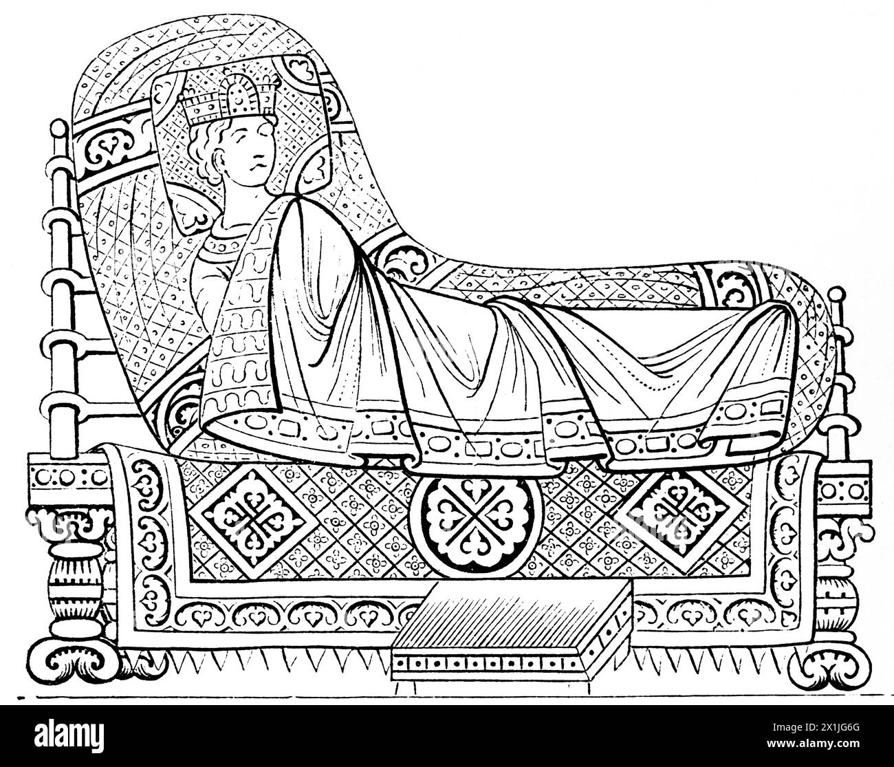 Un re nel suo letto ai tempi del Sacro Roam Empire, illustrazione tratta dall'Hortus deliciarum, illustrazione storica 1880 Foto Stock