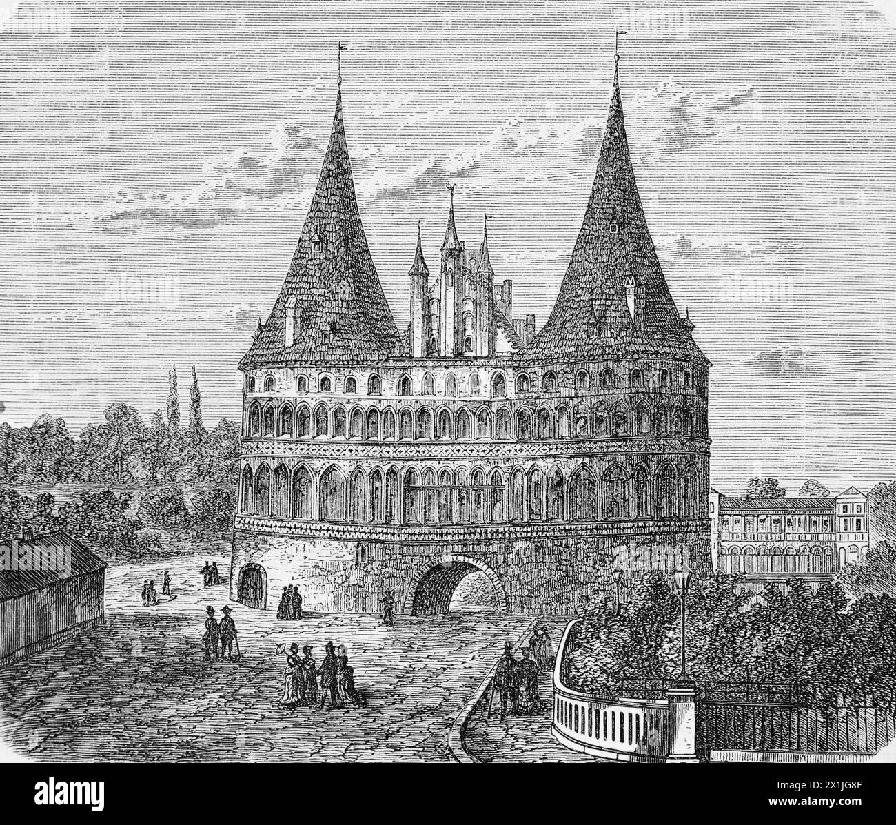 La famosa porta della città Holstentor della città anseatica di übeck, membro della Lega anseatica, illustrazione storica 1880 Foto Stock