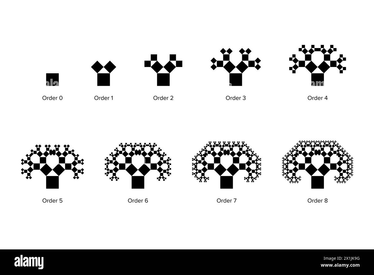 Evoluzione di un albero di Pitagora, un frattale costruito da quadrati. Ogni triplo dei quadrati a contatto racchiude un triangolo destro. Foto Stock