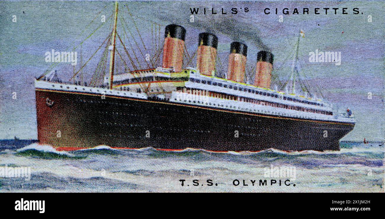 T.S.S. Olympic, della White Star Lines, che operava servizi da Southampton a New York via Cherbourg. Una delle cinquanta carte per sigarette prodotte nel 1924 con il titolo Merchant Ships of the World. Prodotto da W.D. e H.O. Wills di Bristol e Londra, parte della Imperial Tobacco Company of Great Britain and Ireland Limited. Foto Stock