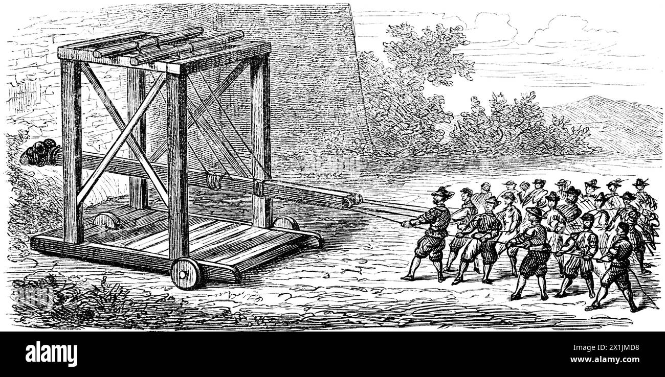 Come usare un ariete da percussione, motore d'assedio in uso fino al XVI secolo, illustrazione storica 1880 Foto Stock