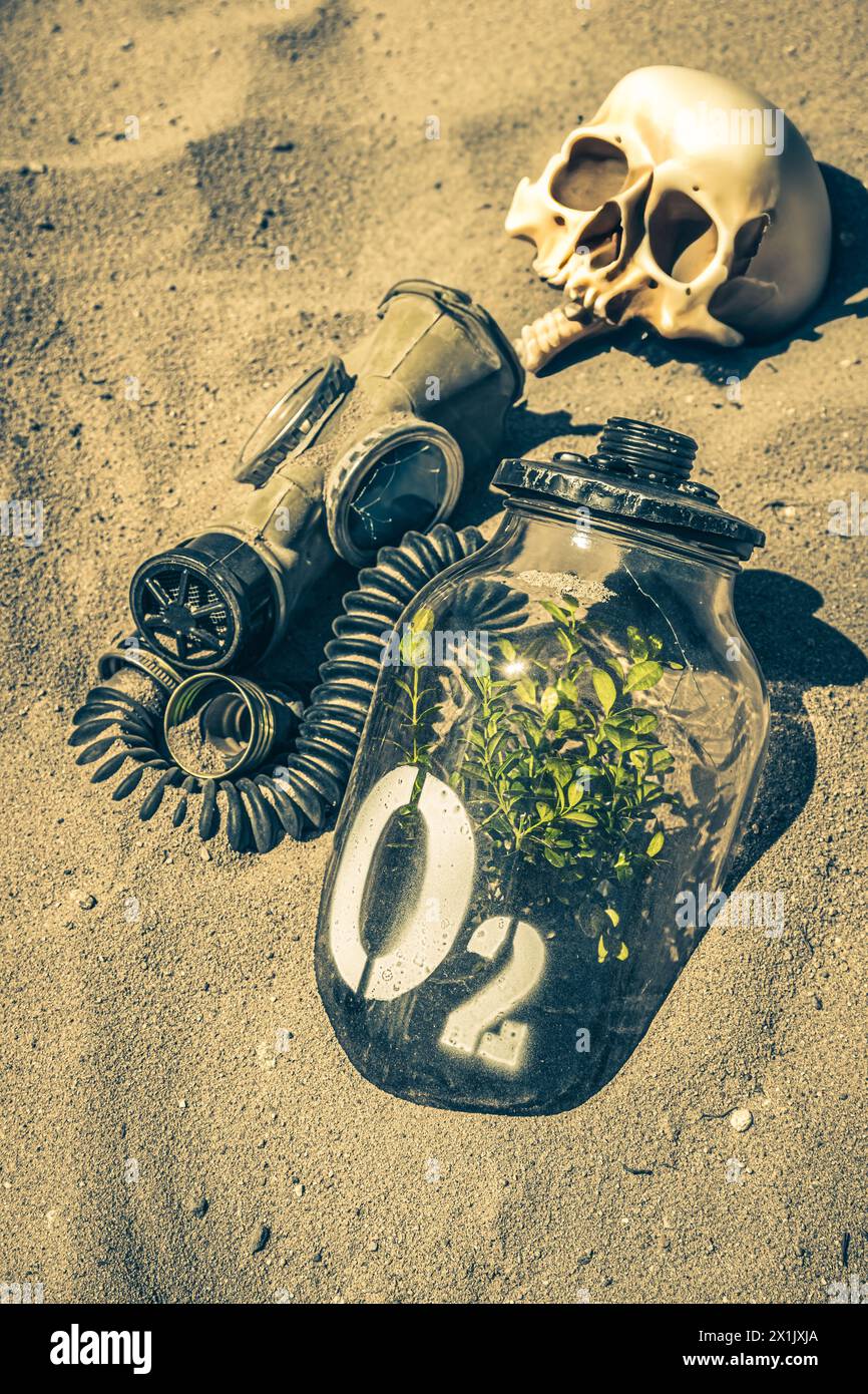 Strano vaso con pianta come simbolo dell'inquinamento atmosferico. Aria inquinata in una città post-apocalittica. Foto Stock