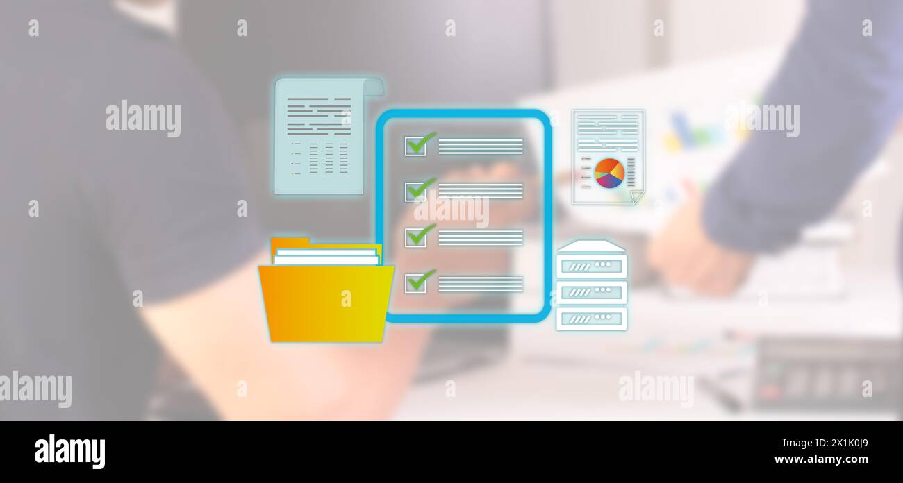 icone di cartelle e documenti ospitati su server o cloud online Foto Stock