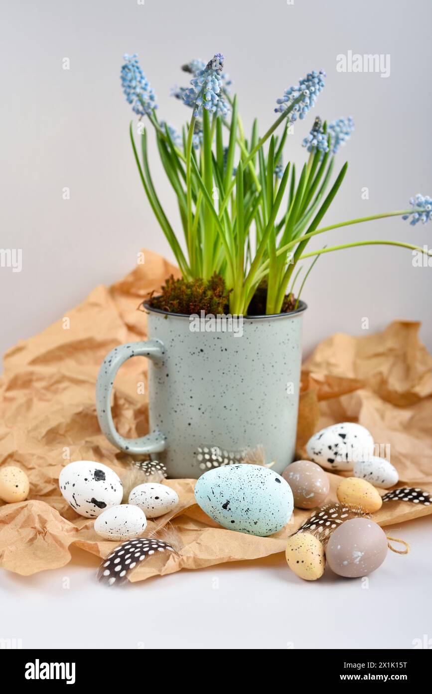 Uova di Pasqua e fiori di musari azzurri in tazza su sfondo marrone di carta kraft su un tavolo bianco. La natura morta di Pasqua. Foto Stock