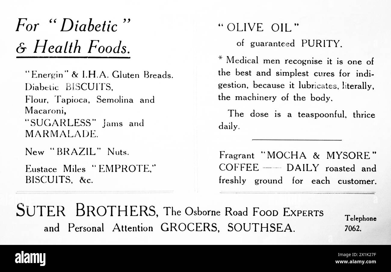 Pubblicità per Suter Brothers di Osborne Road. Per diabetici e alimenti per la salute. Originariamente stampato e pubblicato per la Portsmouth and Southsea Improvement Association, c1924. Foto Stock