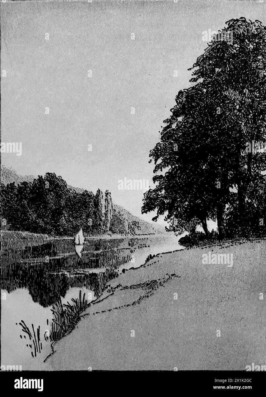 Una veduta del Tamigi di E. Margaret Holman. Da una serie di illustrazioni della campagna inglese, pubblicata per la prima volta nel 1924 dalla Great Western Railways. Foto Stock